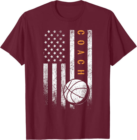 Basketball Coach American Flag Basketball Trainer Coaching T-Shirt - T-Shirt | Maroon