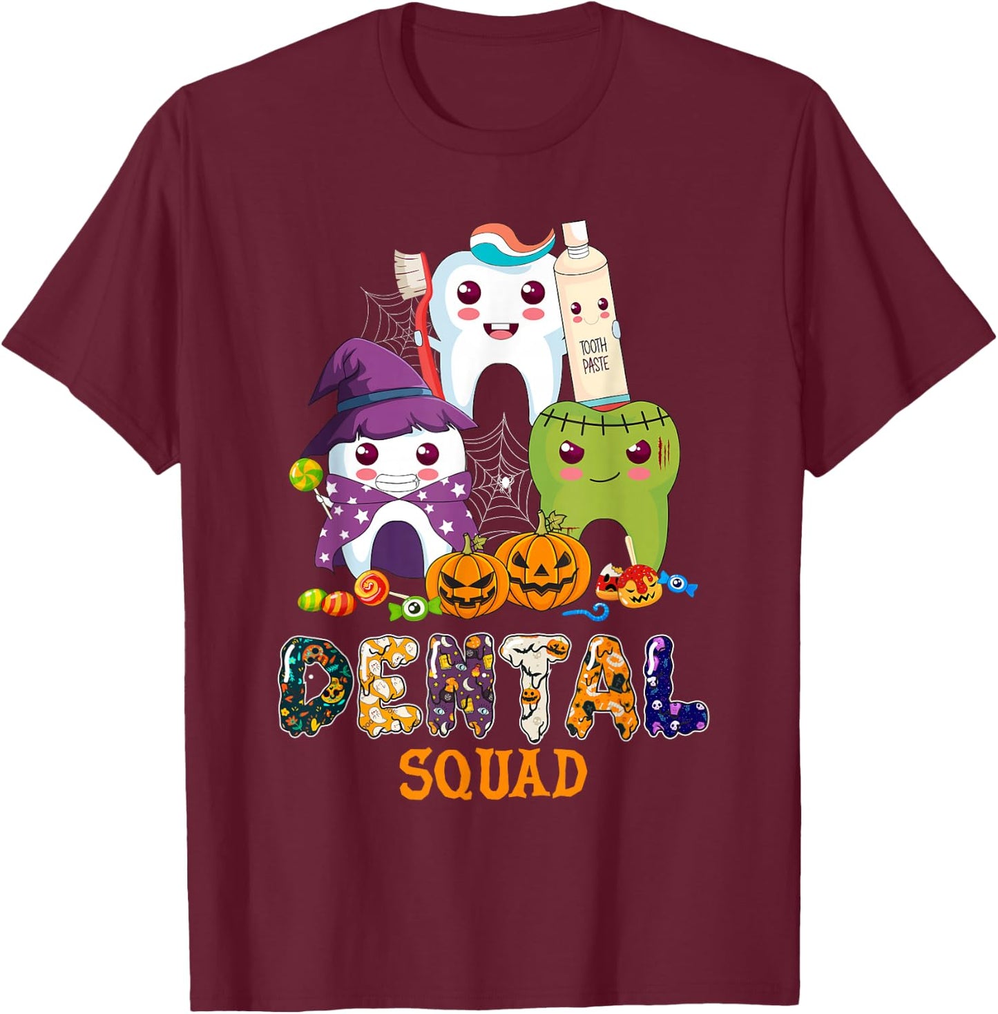 Cute Dental Squad Trick Or Teeth Denstist Halloween Ghost T-Shirt - T-Shirt | Maroon