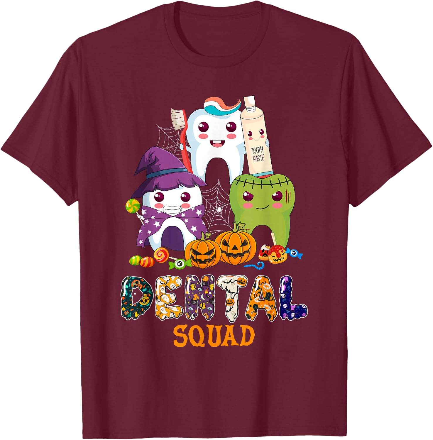 Cute Dental Squad Trick Or Teeth Denstist Halloween Ghost T-Shirt - T-Shirt | Maroon