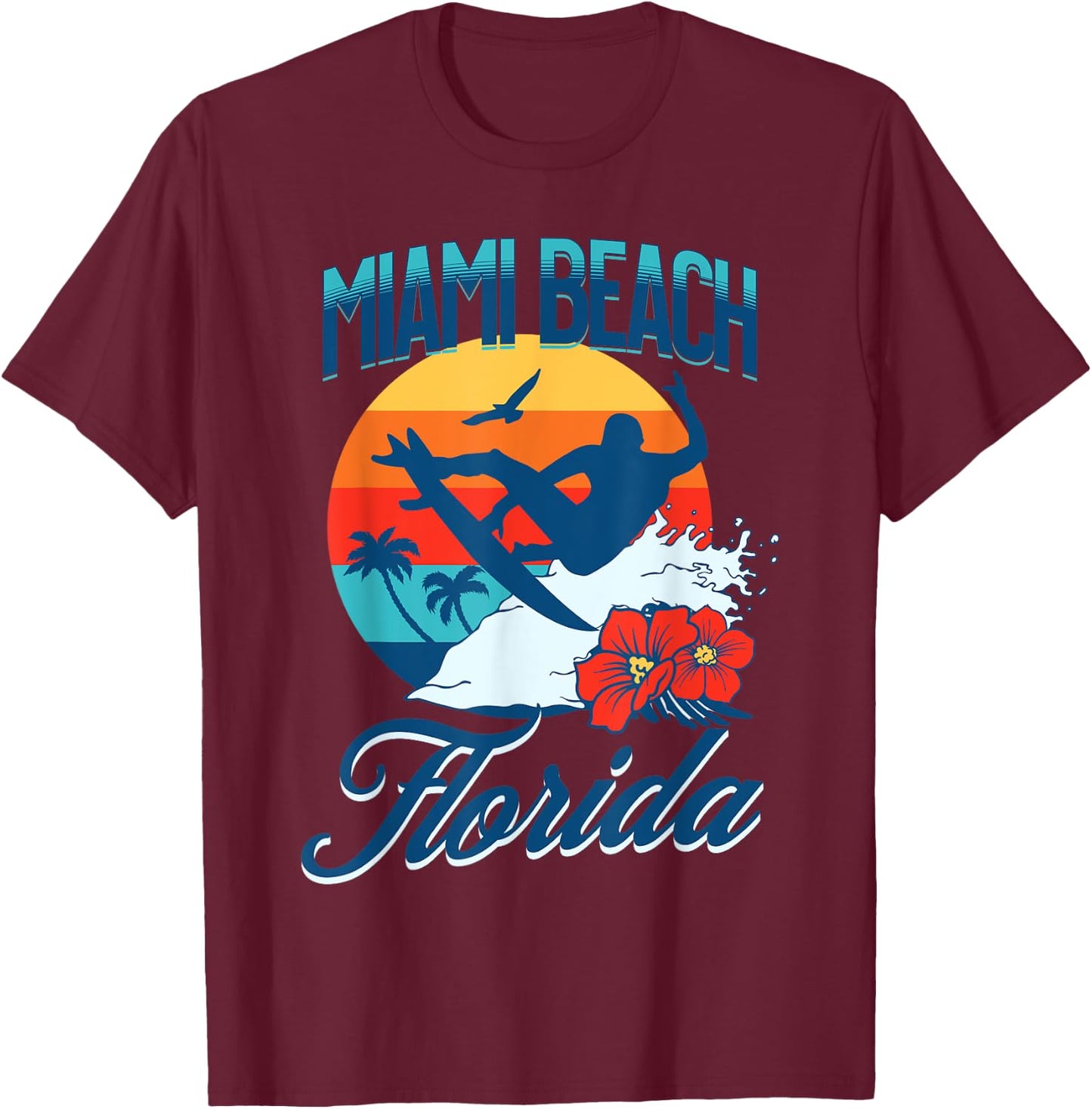 Miami Florida Beach Surf Summer Vacation Vintage Women Girls Kids T-Shirt - T-Shirt | Maroon