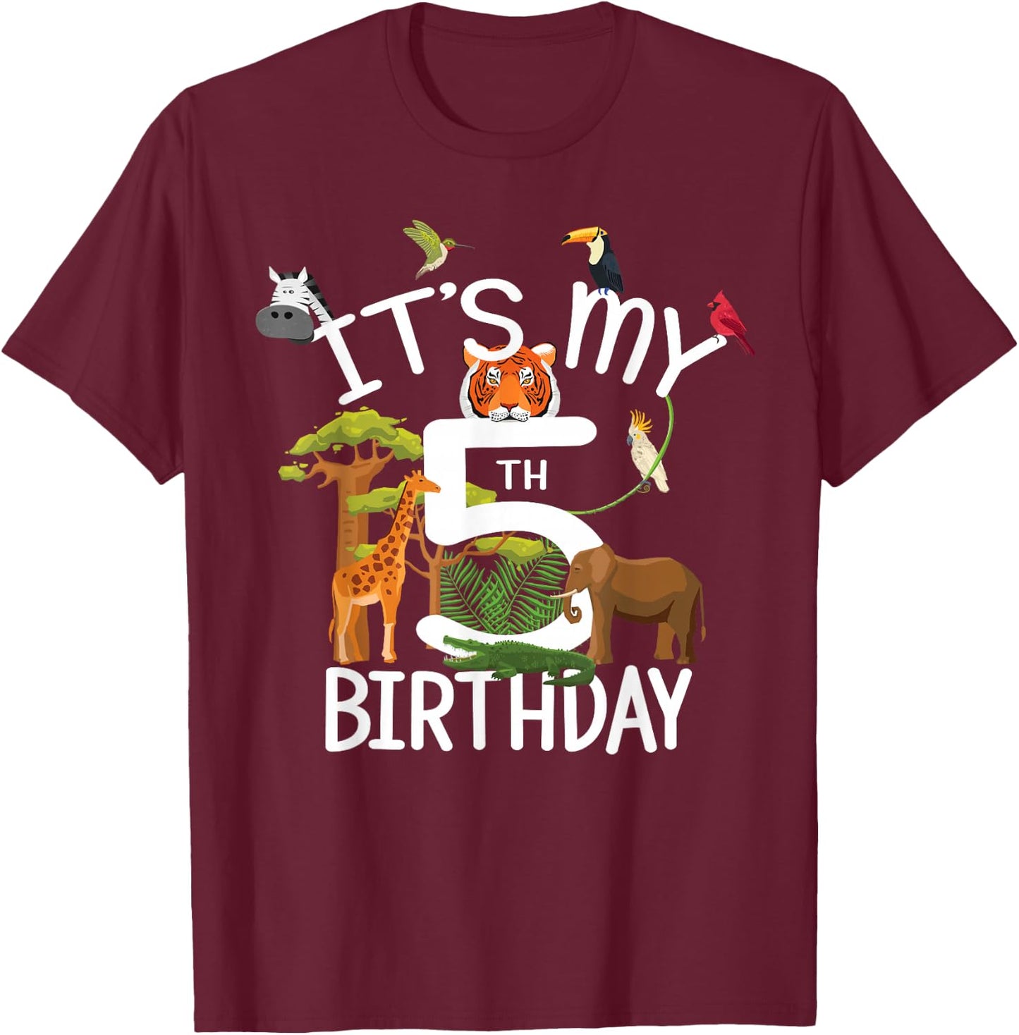 It's My 5th Birthday Boy Zoo Theme 5 Years Old Animal Party T-Shirt - T-Shirt | Maroon