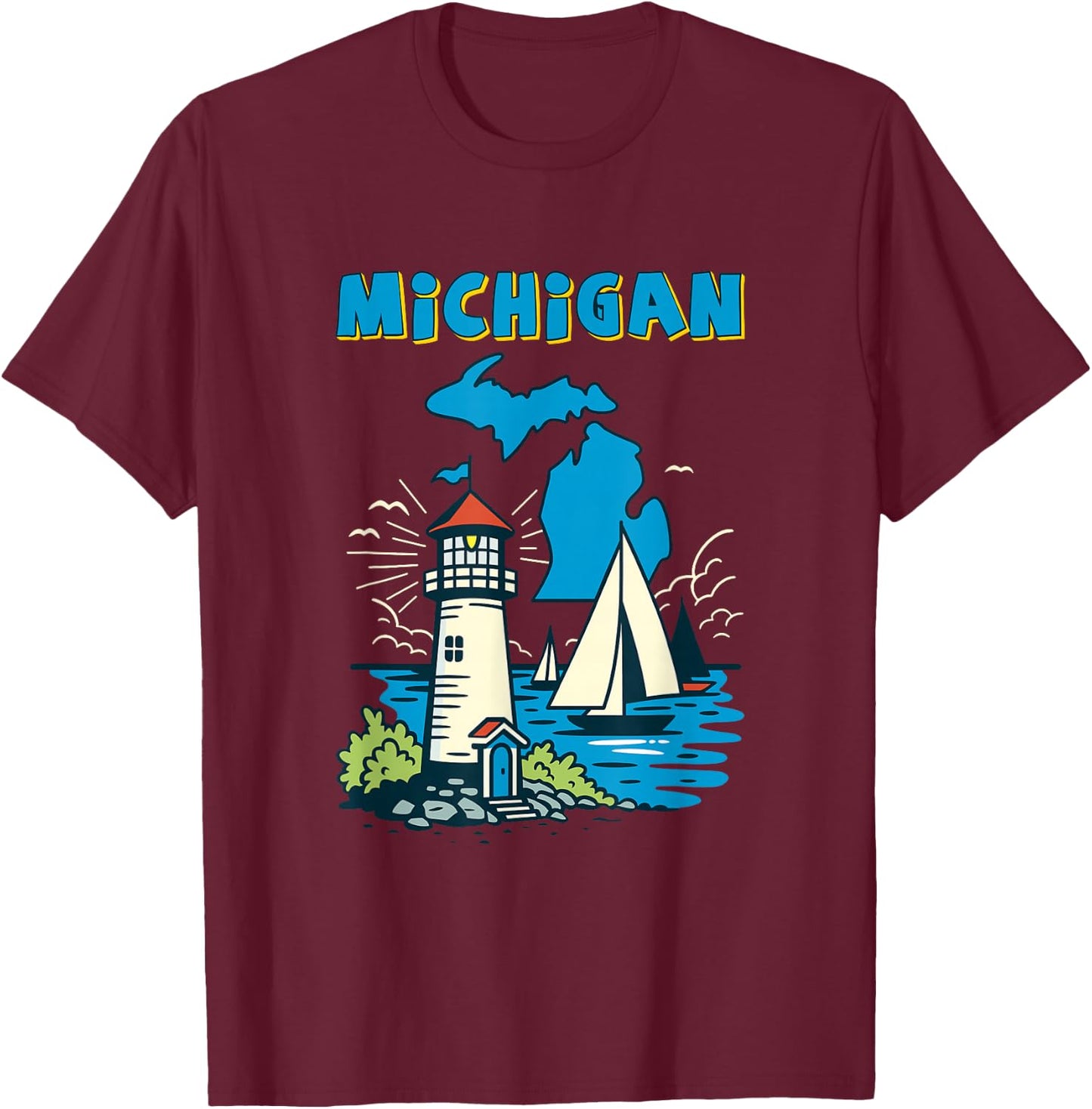 Retro Sailboat and Lighthouse in Michigan Great Lakes T-Shirt - T-Shirt | Maroon