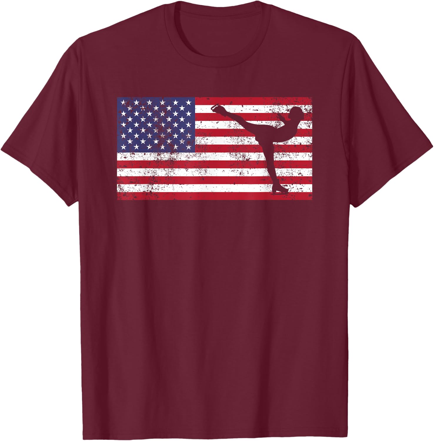 American Flag Ice Skating Figure Skater 4th of July T Shirt T-Shirt - T-Shirt | Maroon
