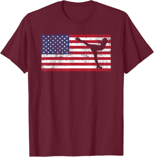 American Flag Ice Skating Figure Skater 4th of July T Shirt T-Shirt - T-Shirt | Maroon