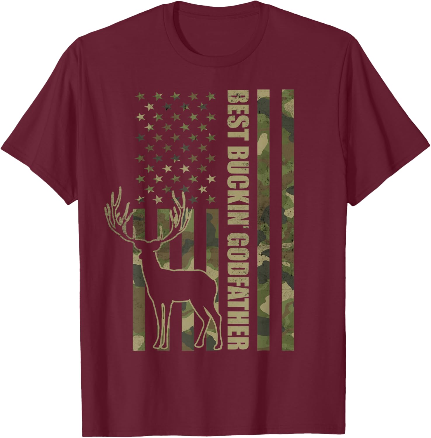 Best Buckin' Godfather Funny Deer Hunter Camo American Flag T-Shirt - T-Shirt | Maroon