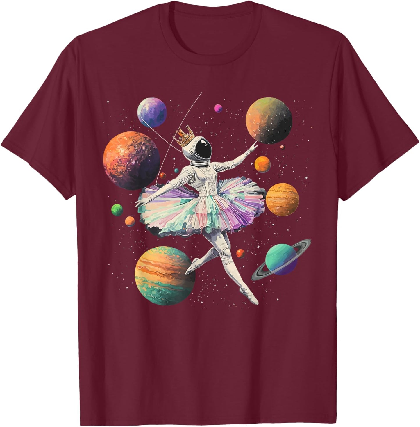 Astronaut Ballerina Dancing In Space Planets Galaxy Kid Girl T-Shirt - T-Shirt | Maroon