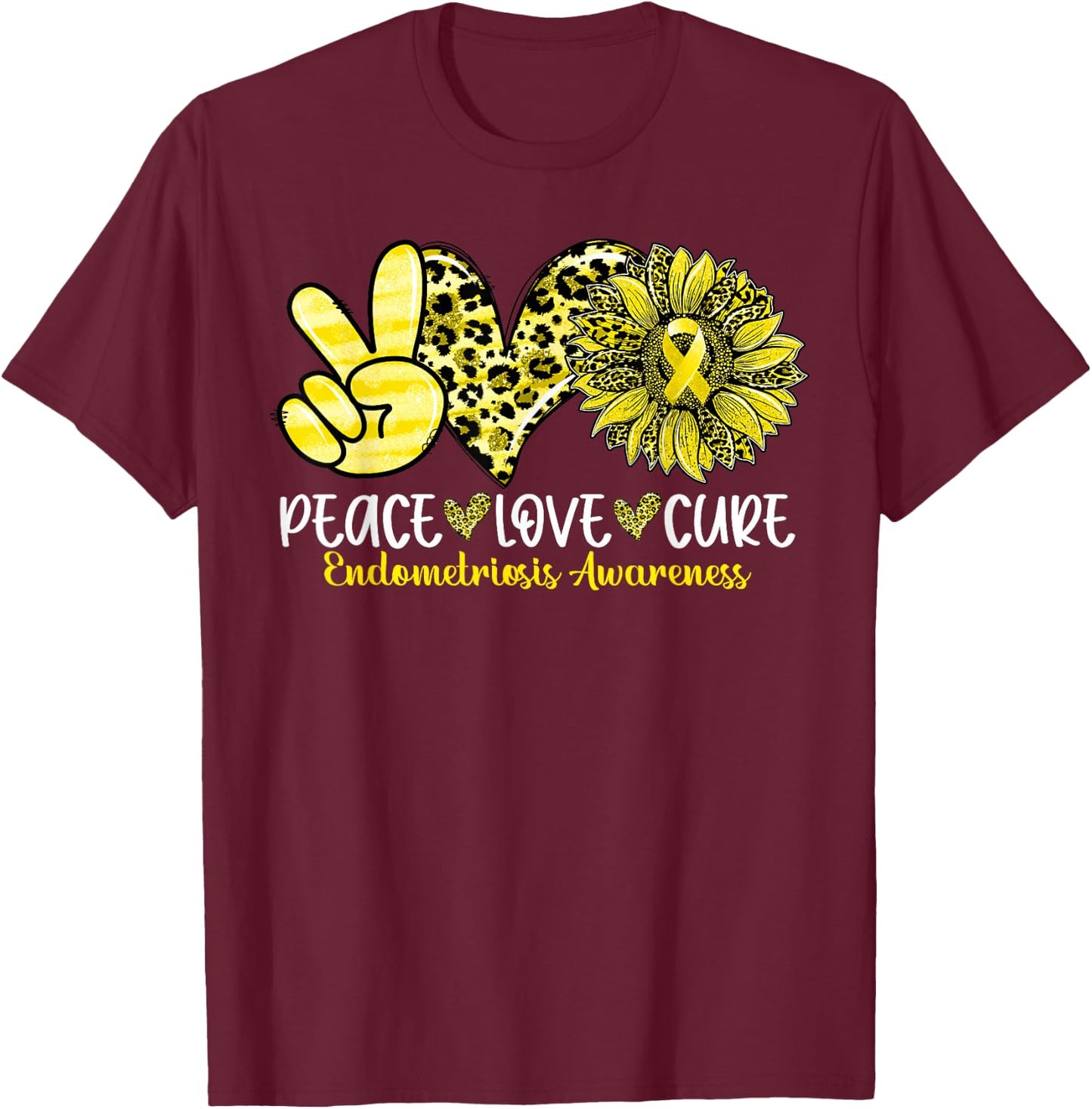 Peace Love Cure Sunflower Leopard Endometriosis Awareness T-Shirt - T-Shirt | Maroon