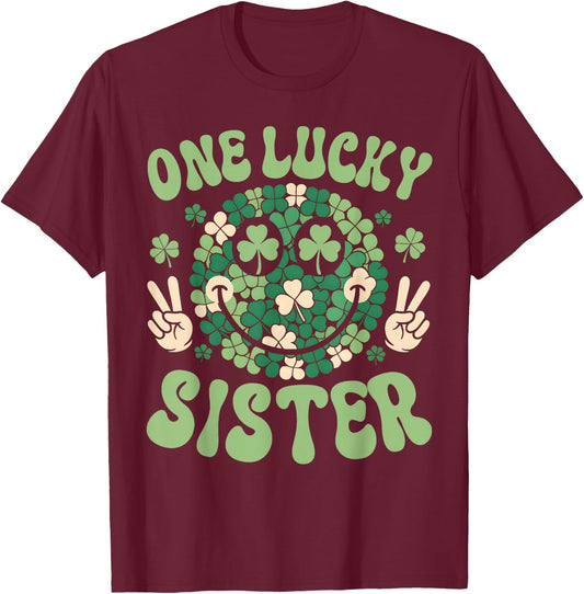 Patricks Day Family Matching Groovy Retro One Lucky Auntie T-Shirt - T-Shirt | Maroon