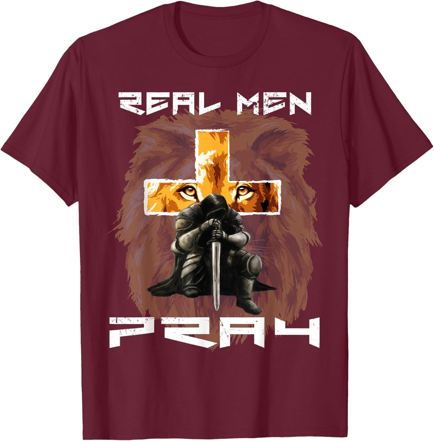 Real Men Pray Lion Judah Christian Religious Cross Graphic T-Shirt - T-Shirt | Maroon