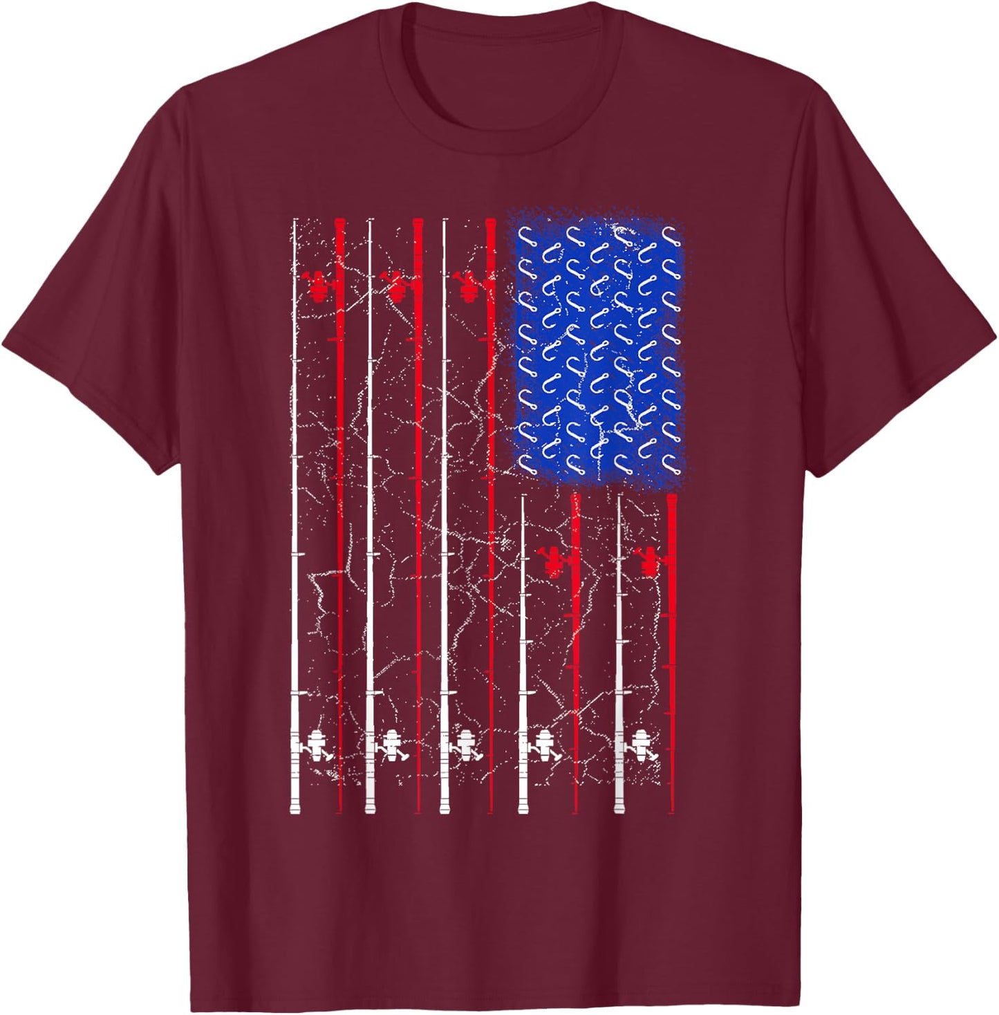 American US Flag Fishing Rod Top, Cool Fisherman Top T-Shirt - T-Shirt | Maroon