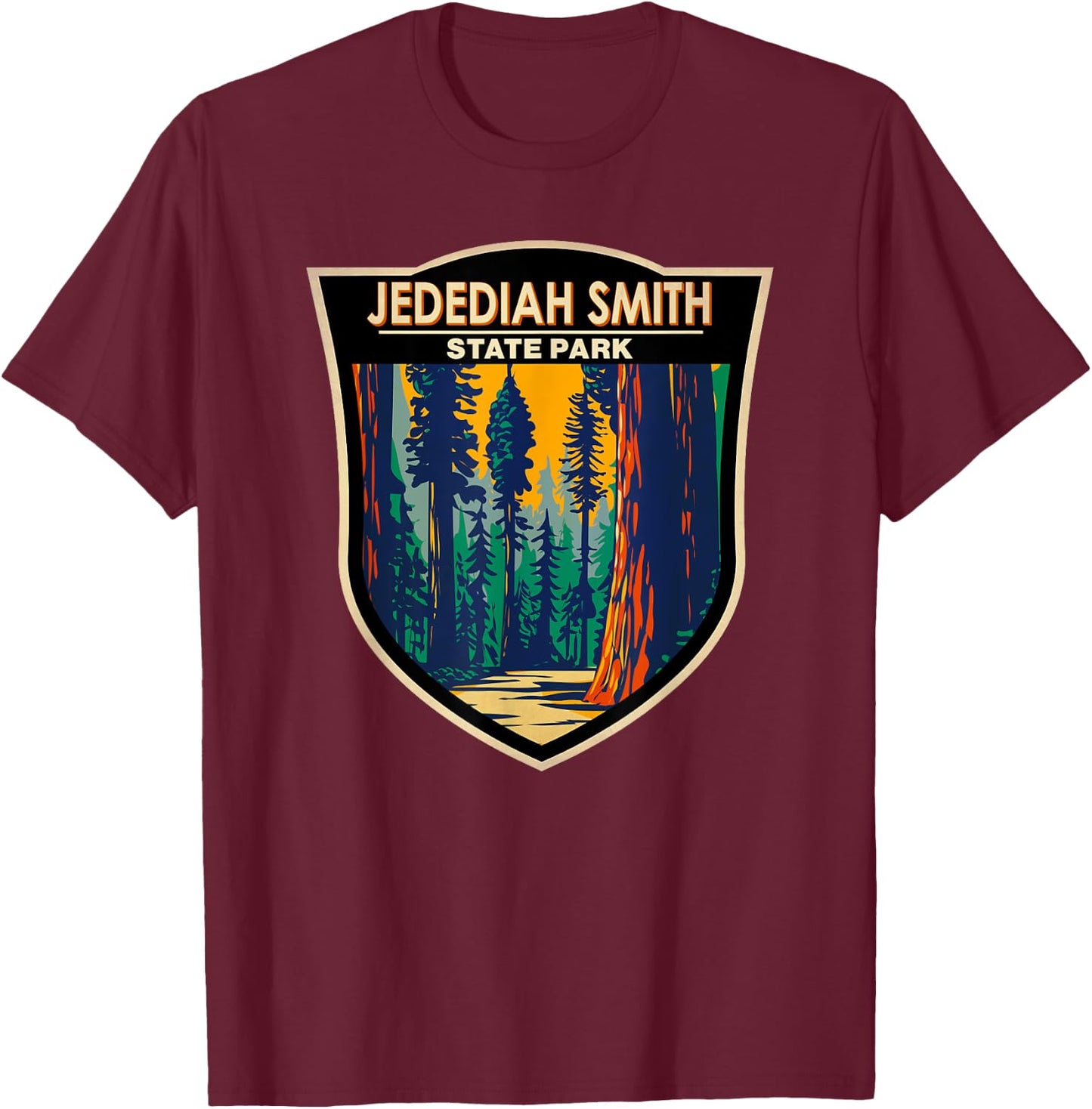 Jedediah Smith Redwoods State Park California Badge Vintage T-Shirt - T-Shirt | Maroon