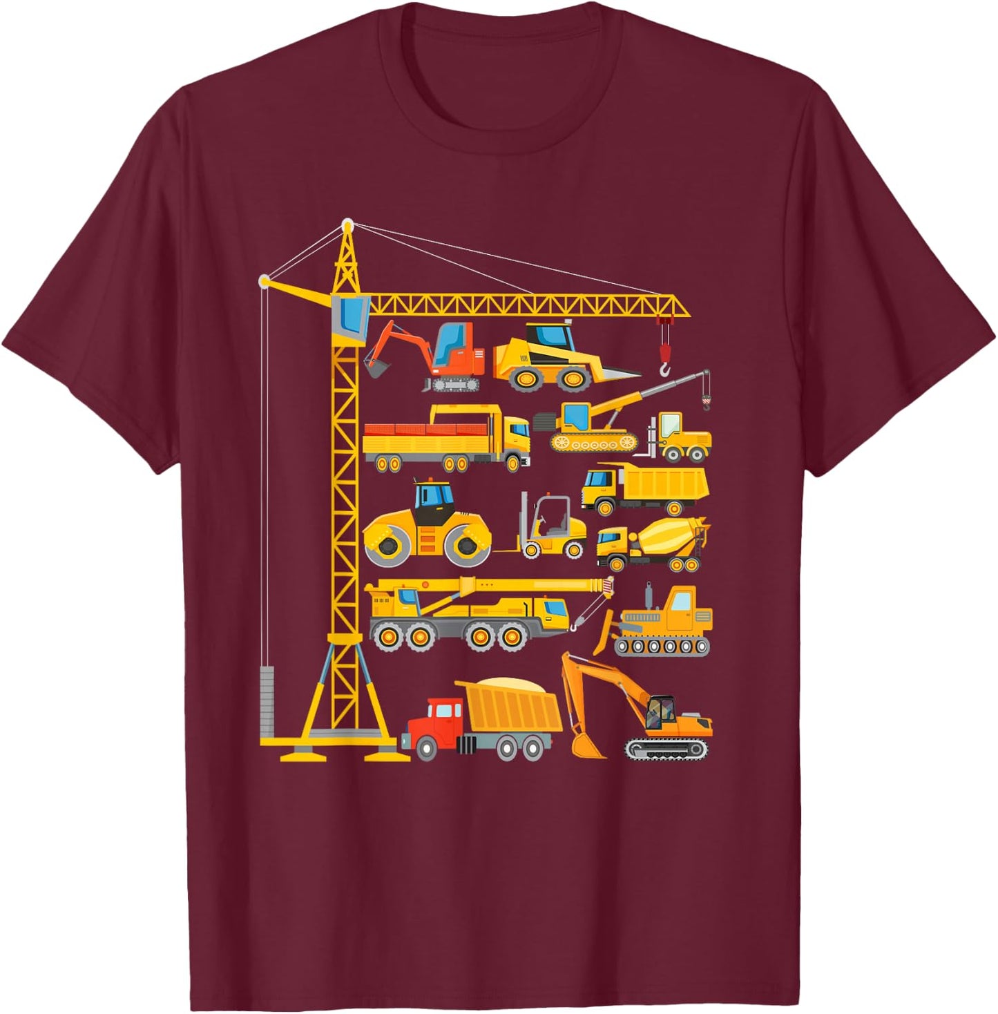 Types of Construction Excavator Bulldozer Truck Crane T-Shirt - T-Shirt | Maroon