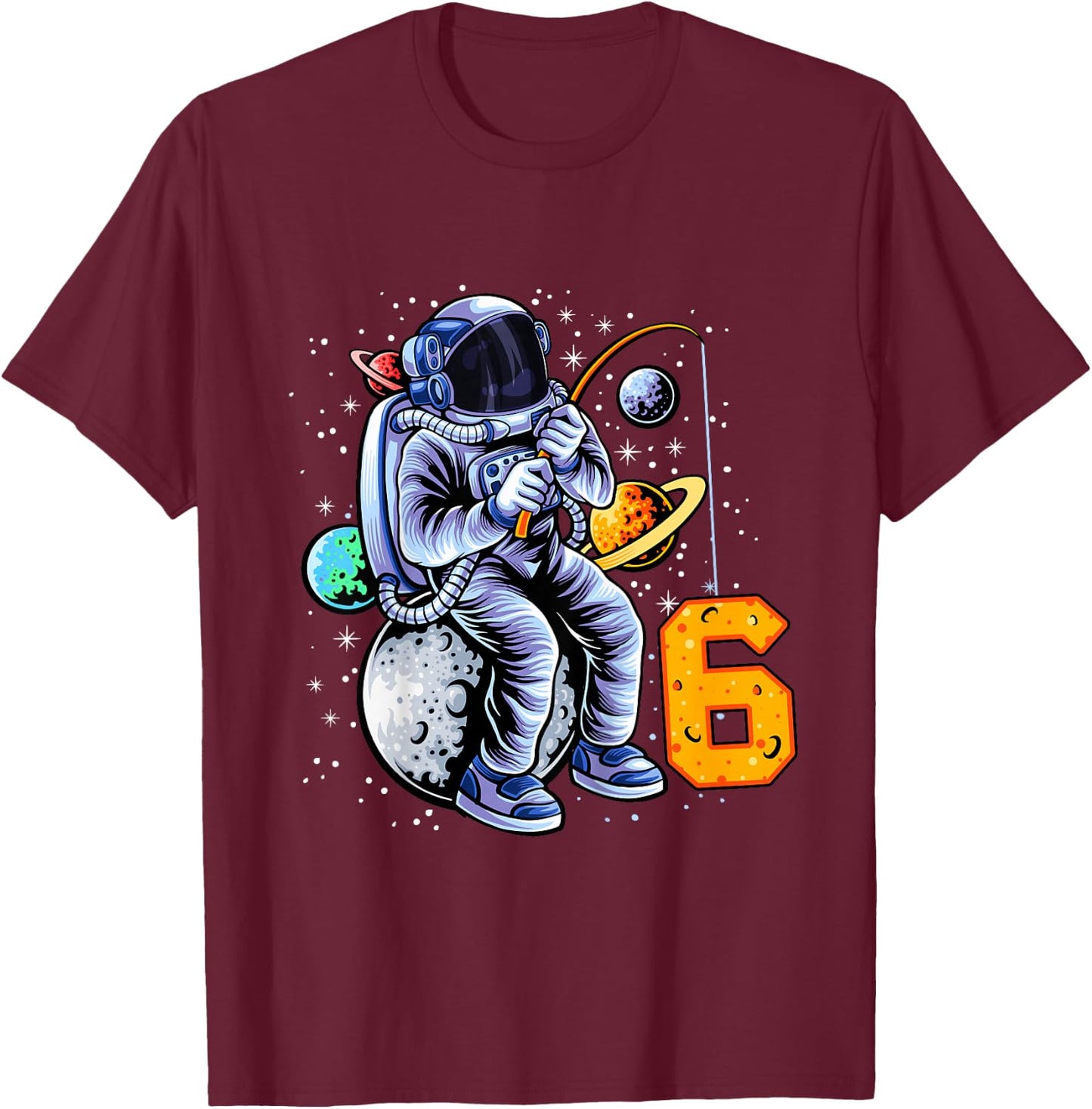 6 Years Old Birthday Boy Astronaut Gifts Space 6th B-Day T-Shirt - T-Shirt | Maroon