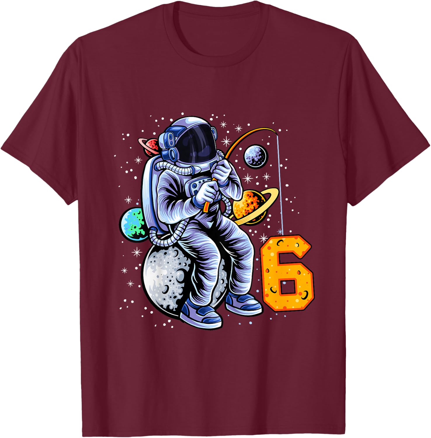 6 Years Old Birthday Boy Astronaut Gifts Space 6th B-Day T-Shirt - T-Shirt | Maroon