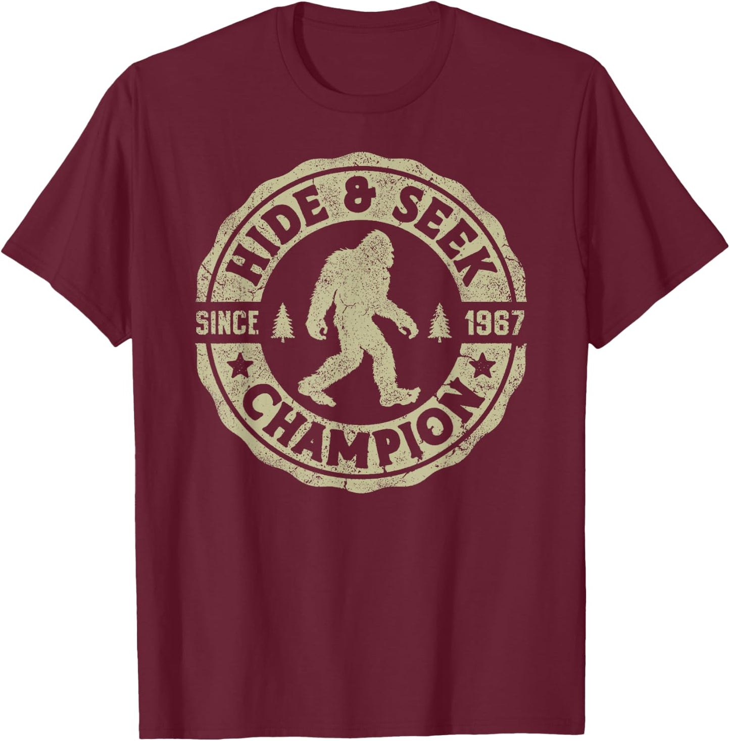Bigfoot Hide And Seek Champion Funny Sasquatch Retro Vintage T-Shirt - T-Shirt | Maroon