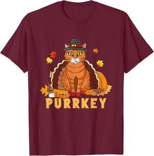 Purrkey Turkey Cat Funny Thanksgiving Cat Kitten Mom Dad Women Kids T-Shirt - T-Shirt | Maroon