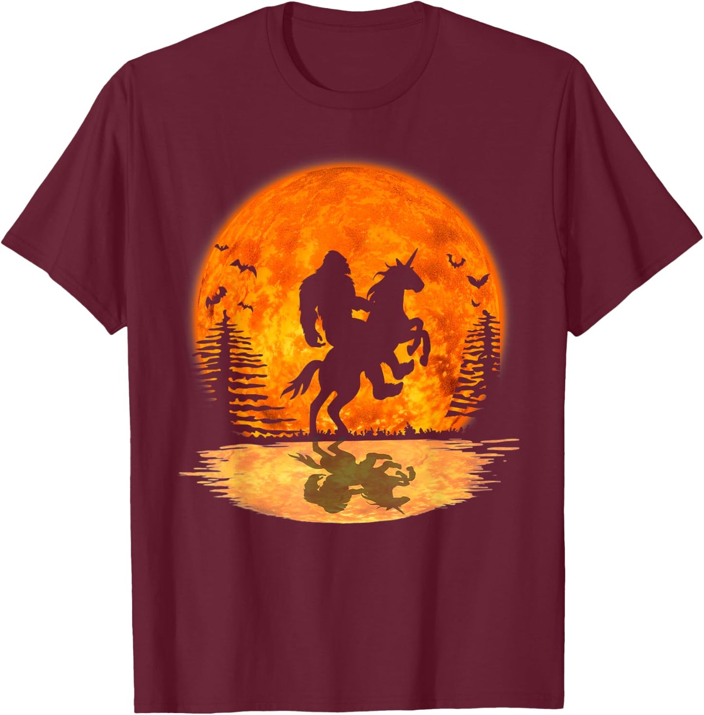 Bigfoot Sasquatch Riding Unicorn In The Moonlight Halloween T-Shirt - T-Shirt | Maroon