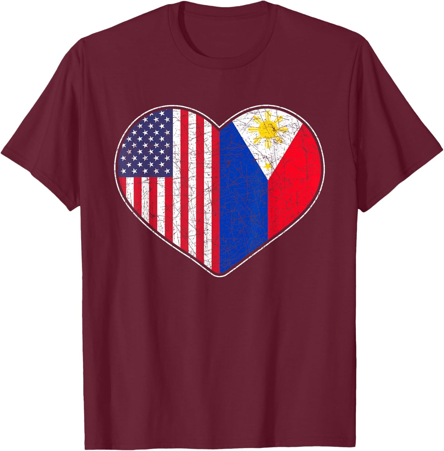 USA Flag Heart Filipino Heritage Pinoy Love Philippines T-Shirt - T-Shirt | Maroon
