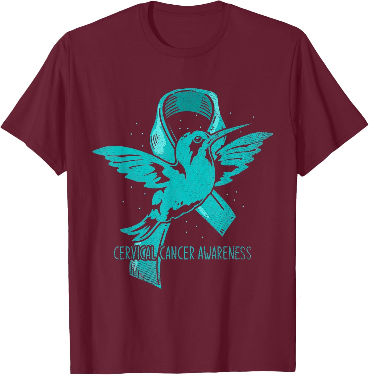 Hummingbird Teal Ribbon Warrior Cervical Cancer Awareness T-Shirt - T-Shirt | Maroon