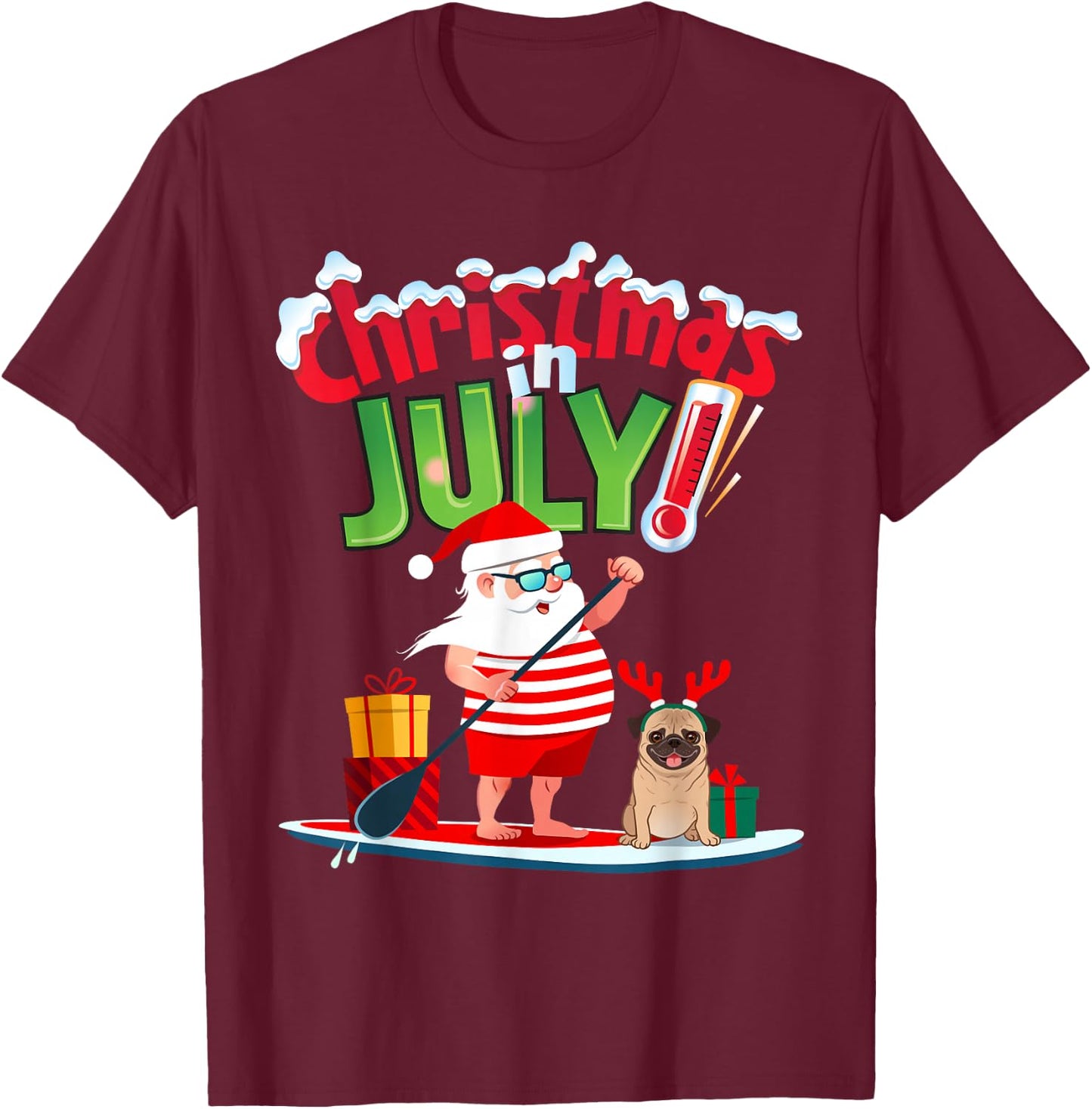 Funny Christmas in July Shirt Summer Beach Vacation Pool Pug T-Shirt - T-Shirt | Maroon