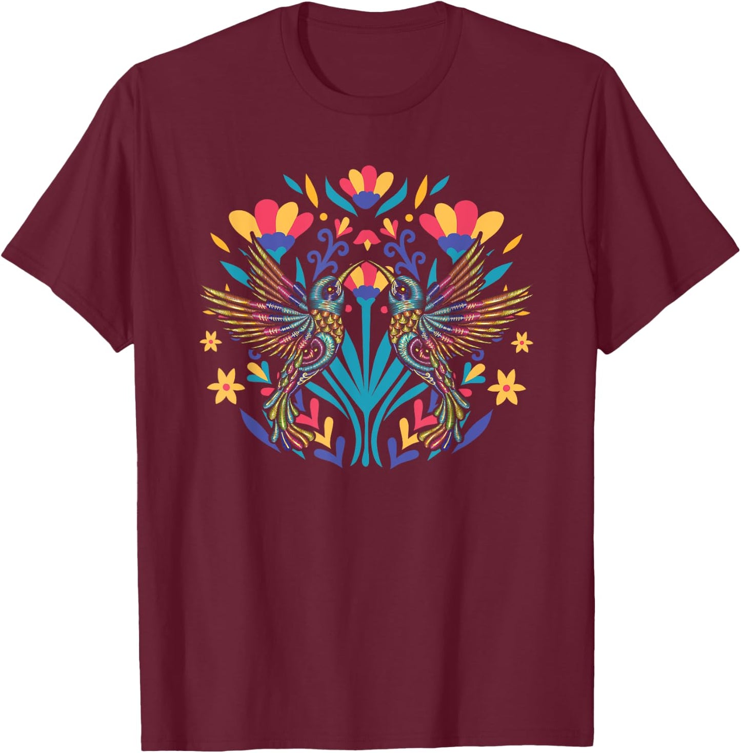 Floral Bird Otomi Mexican Embroidery Style Mexicano Mexicana T-Shirt - T-Shirt | Maroon