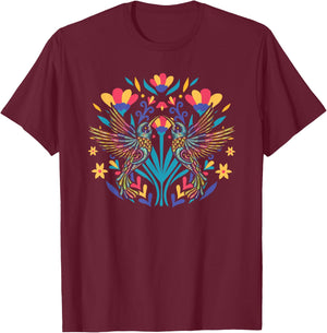 Floral Bird Otomi Mexican Embroidery Style Mexicano Mexicana T-Shirt - T-Shirt | Maroon