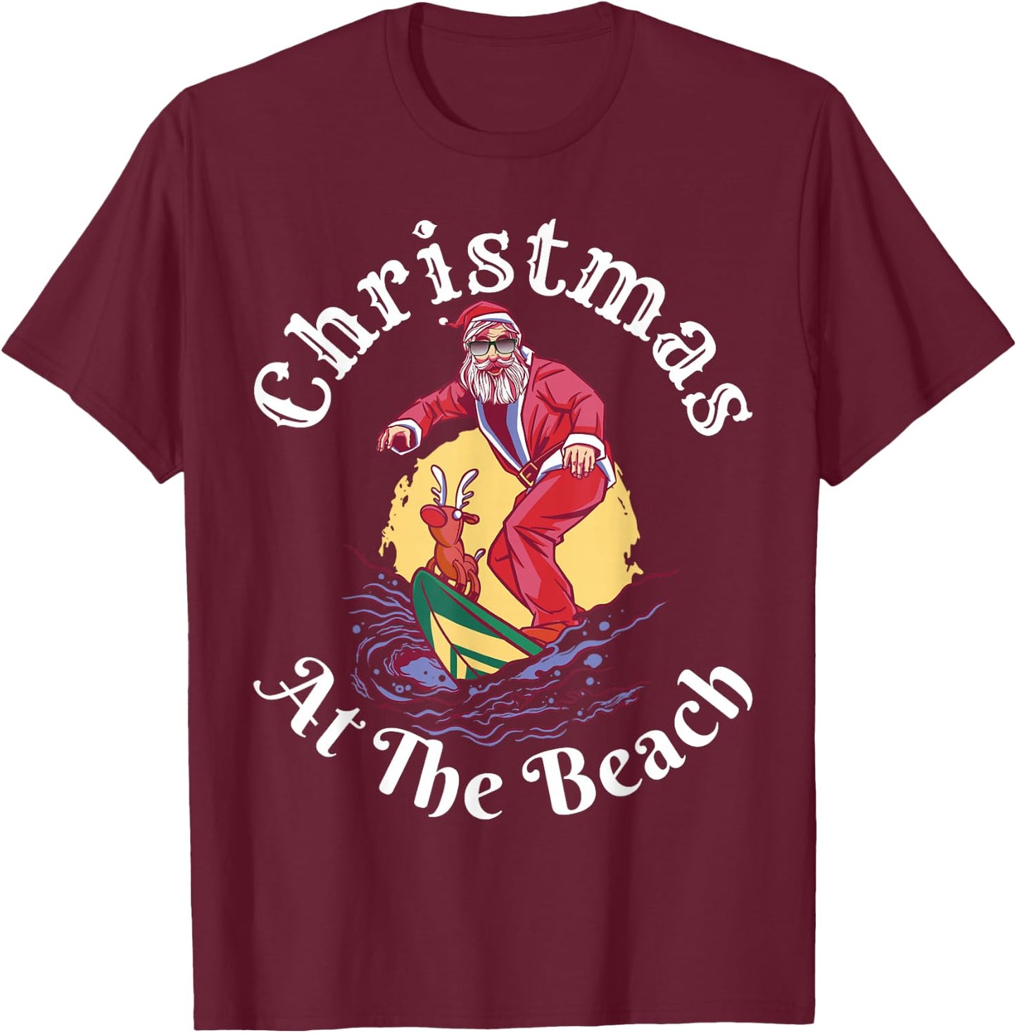 Christmas At The Beach Funny Santa Surfing With Reindeer T-Shirt - T-Shirt | Maroon