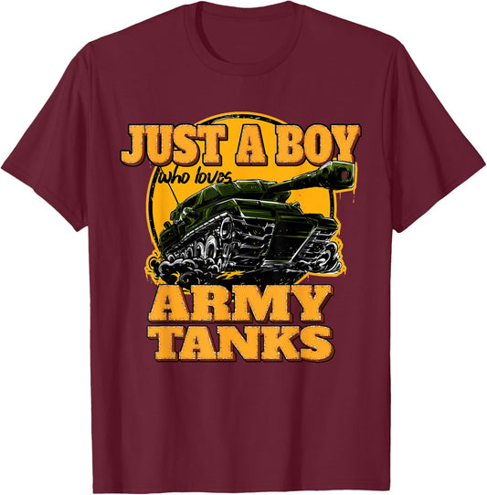 Just a Boy Who Loves Army Tanks Vintage Military Tank T-Shirt - T-Shirt | Maroon