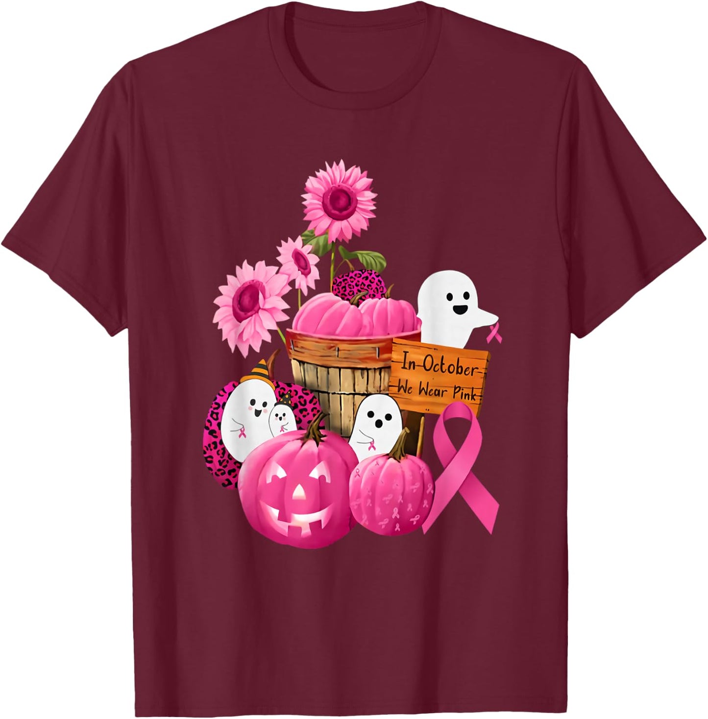 In October We Wear Pink Ghosts & Pumpkins For Breast Cancer T-Shirt - T-Shirt | Maroon