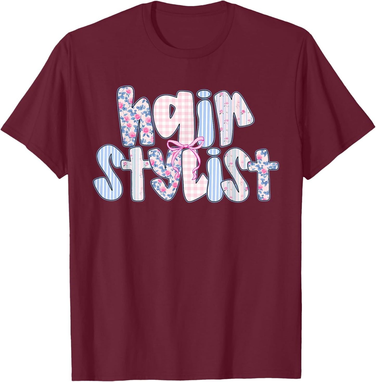 Coquette Floral Checkered Hairstylist Cosmetologist Barber T-Shirt - T-Shirt | Maroon