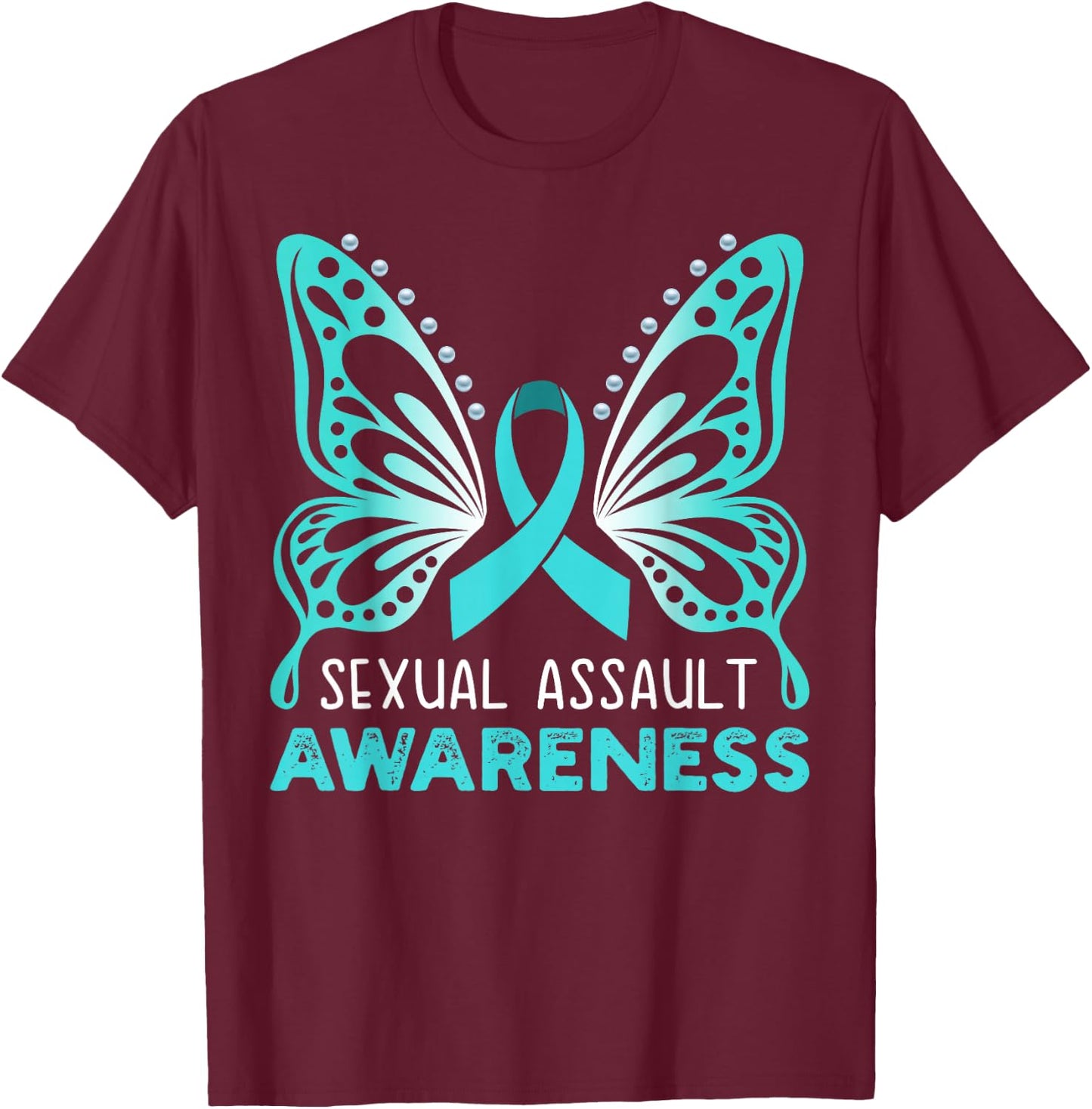 Teal Ribbon, Teal Butterfly, Sexual Assault Awareness Women T-Shirt - T-Shirt | Maroon