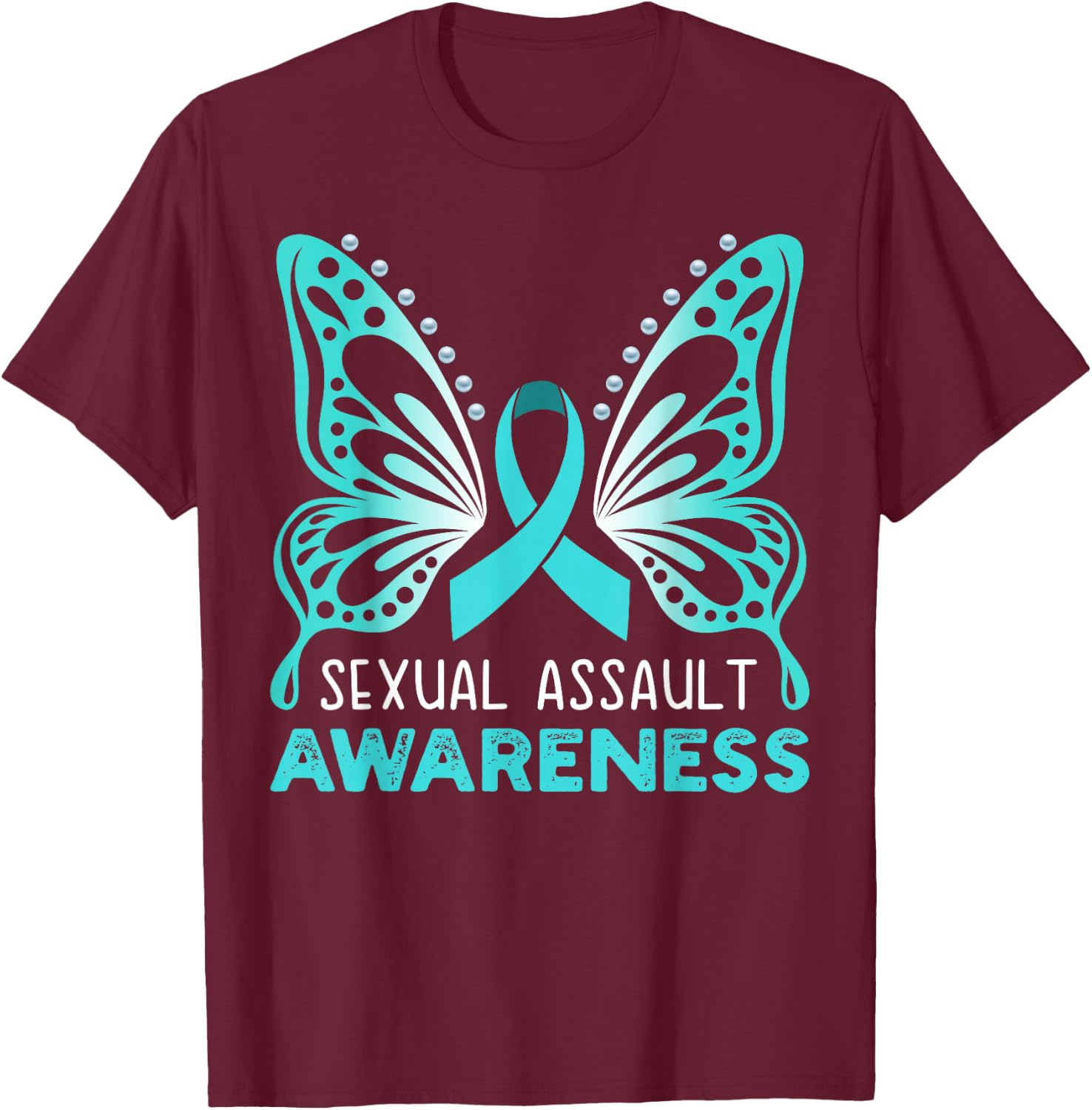 Teal Ribbon, Teal Butterfly, Sexual Assault Awareness Women T-Shirt - T-Shirt | Maroon