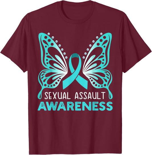 Teal Ribbon, Teal Butterfly, Sexual Assault Awareness Women T-Shirt - T-Shirt | Maroon