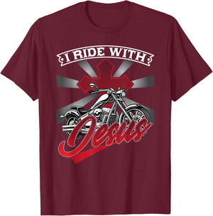 Motorcycle Biker Motorbike Rider I Ride With Jesus T-Shirt - T-Shirt | Maroon