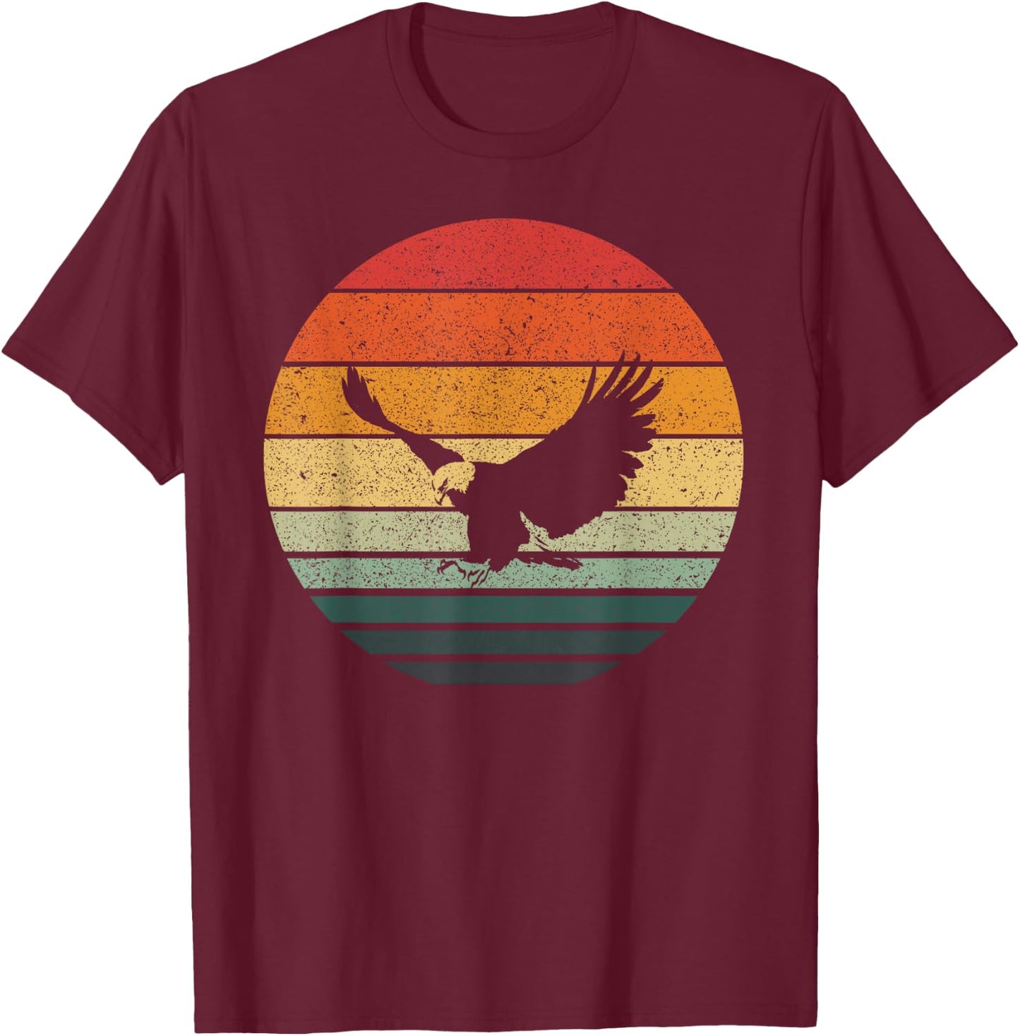 Eagle Hawk Vintage Sunset Retro Art Design Animal Print Black -Adults Small Classic Fit Pull On Short Sleeve Cotton Blend Machine Wash T-Shirt - T-Shirt | Maroon