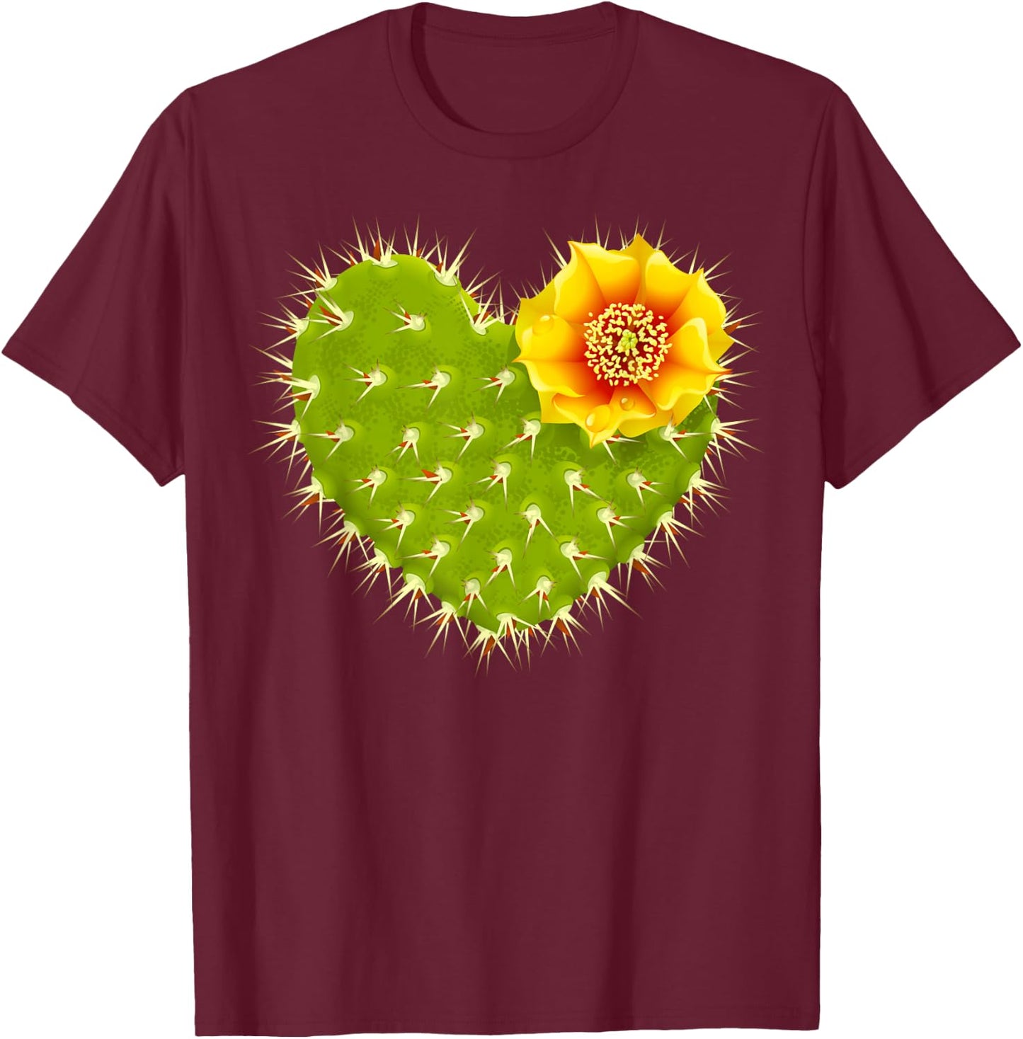 Cute Giant Cactus Heart with Yellow Desert Flower T-Shirt - T-Shirt | Maroon