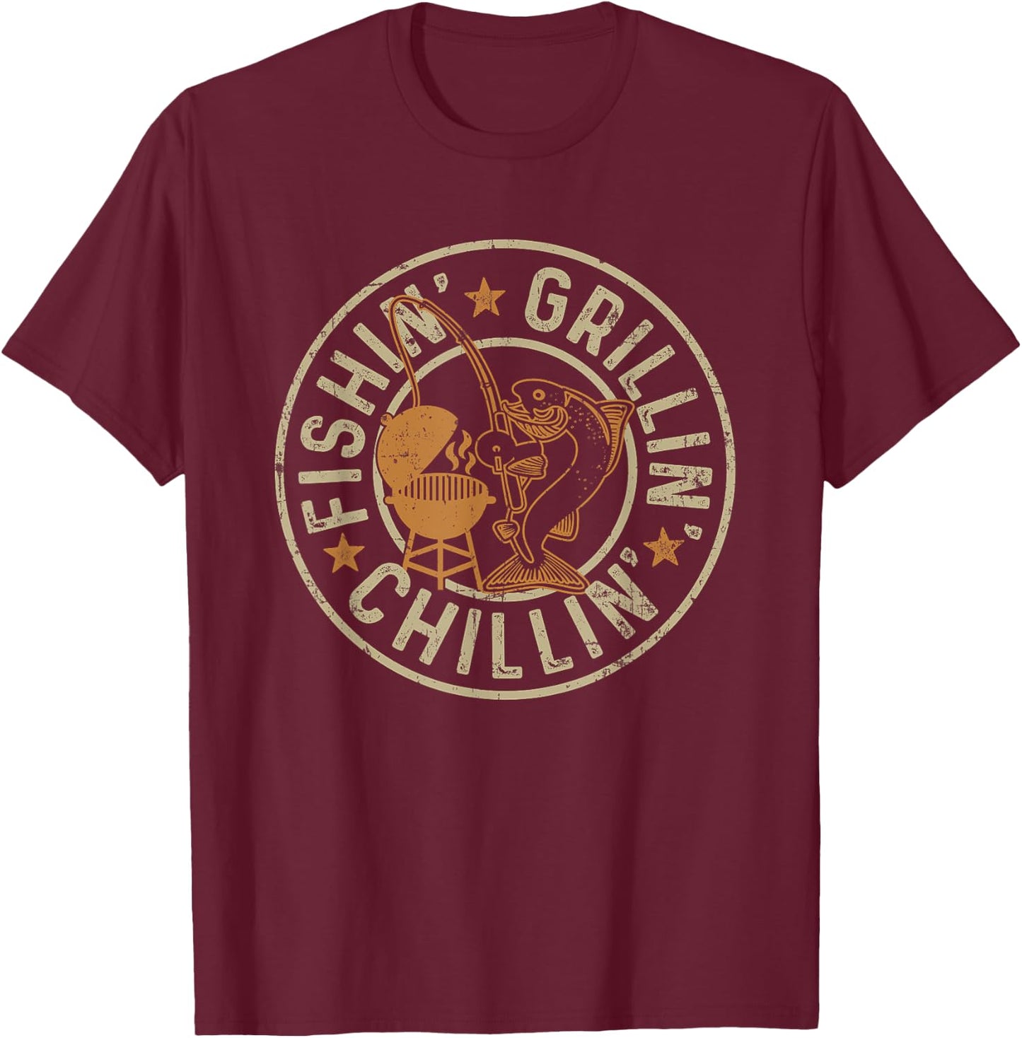 Fishing Grilling Chilling Fishermen BBQ Grill Lover T-Shirt - T-Shirt | Maroon