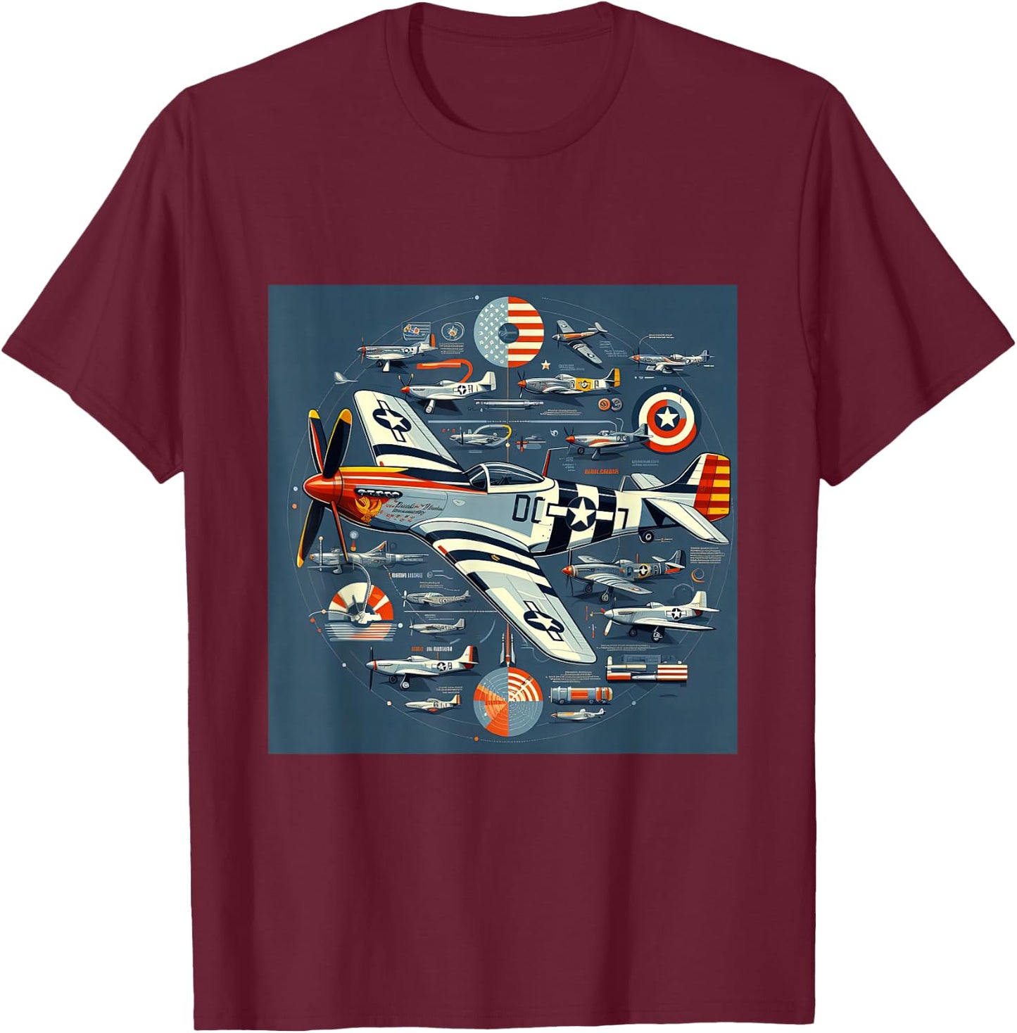 P51 Mustang WW2 Warplane Airplane Infographics T-Shirt - T-Shirt | Maroon