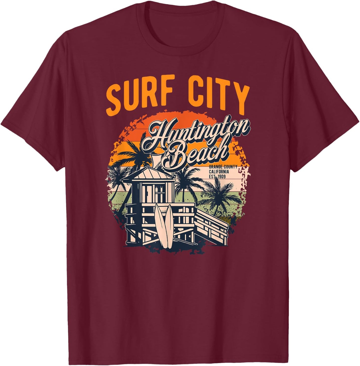 Vintage Huntington Beach Lifeguard Tower Surfing Style Men Women T-Shirt - T-Shirt | Maroon