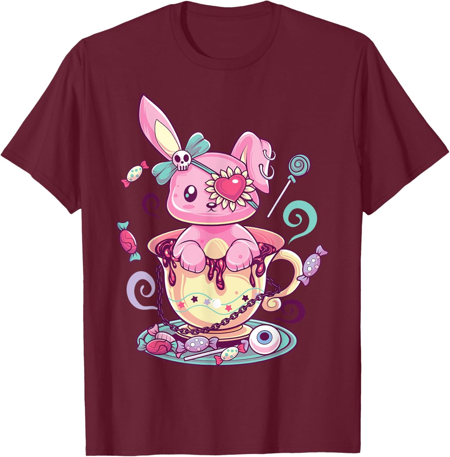Kawaii Pastel Goth Cute Creepy Rabbit Menhera Occult Bunny T-Shirt - T-Shirt | Maroon
