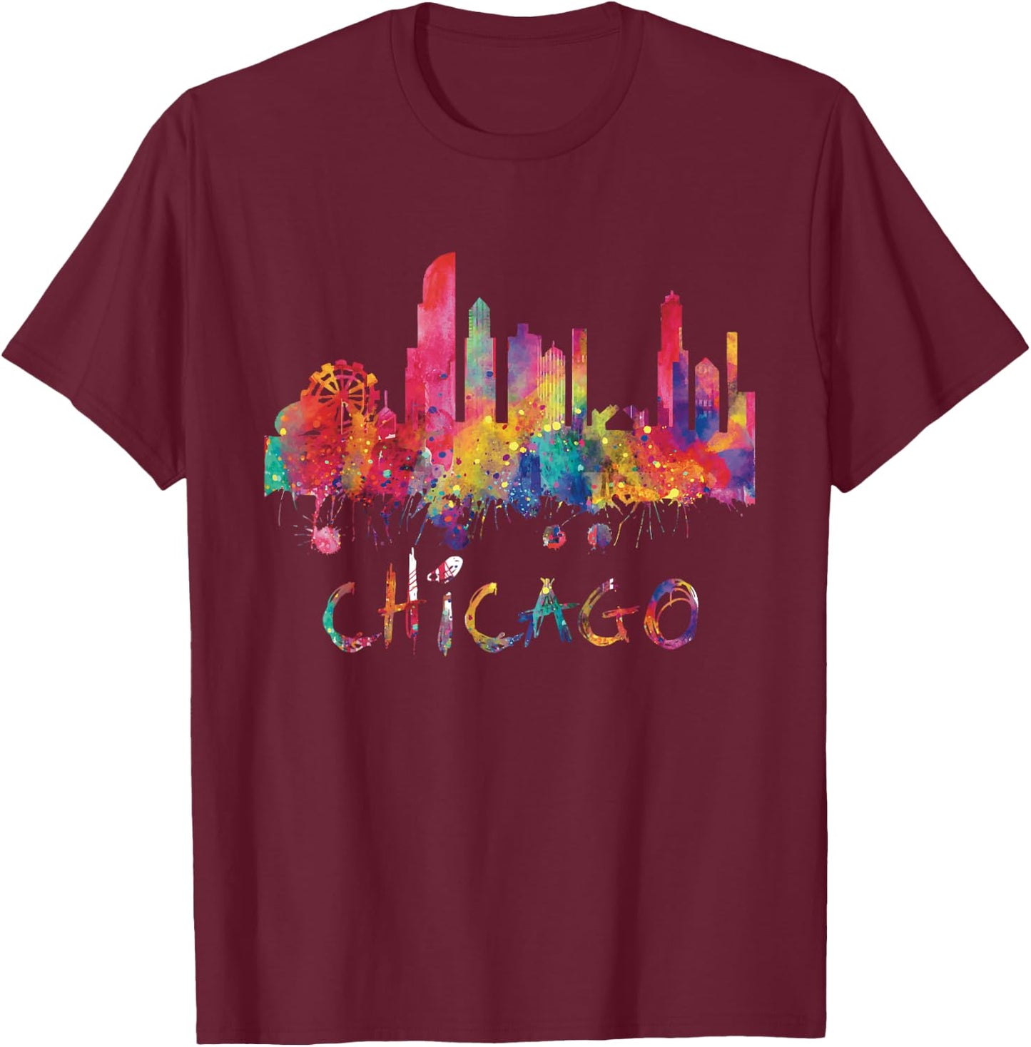 Chicago Skyline Cityscape Watercolor Chicago Flag Illinois T-Shirt - T-Shirt | Maroon