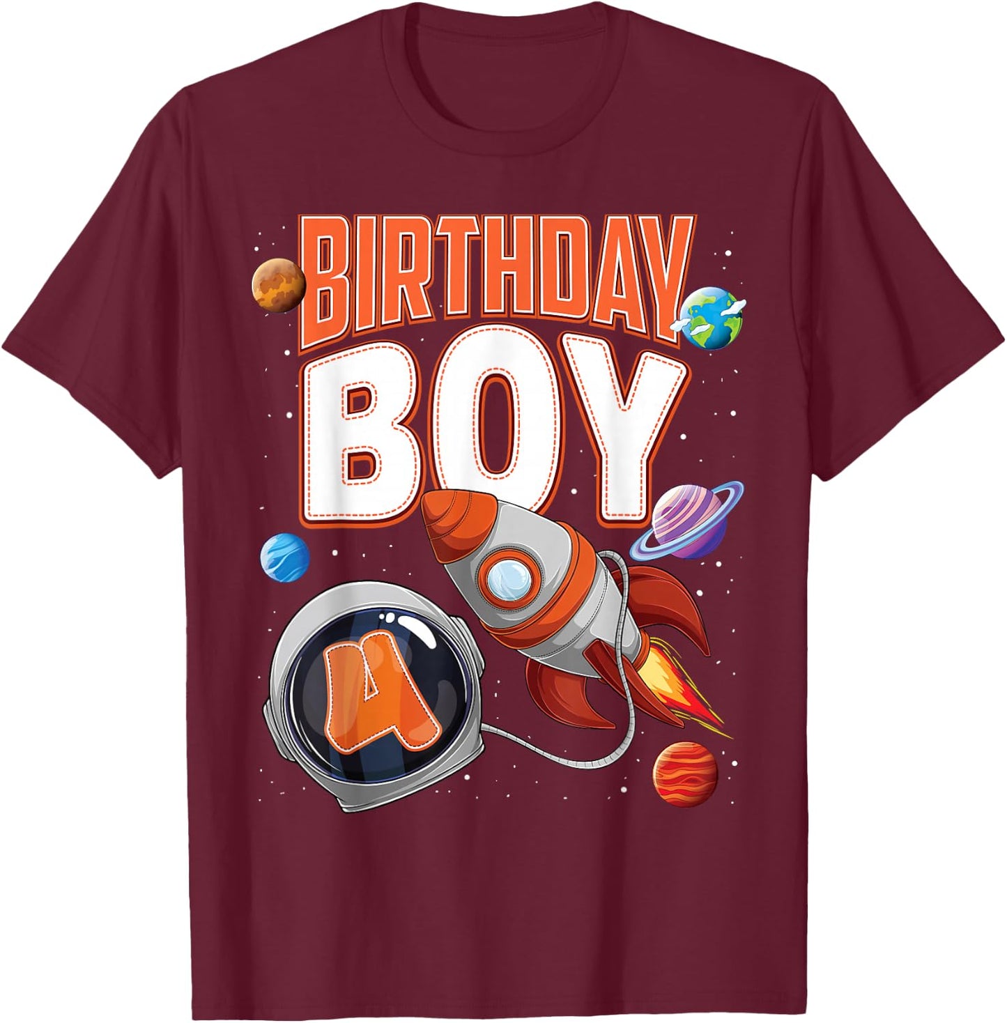 4 Year Old Spaceship Boy 4th Birthday Space Shuttle Rocket T-Shirt - T-Shirt | Maroon