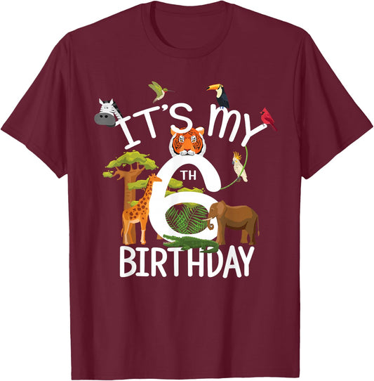 It's My 6th Birthday Boy Zoo Theme 6 Years Old Animal Party T-Shirt - T-Shirt | Maroon