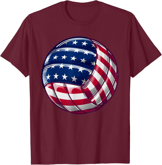 Volleyball American Flag Cute 4th Of July Funny America Gift T-Shirt - T-Shirt | Maroon