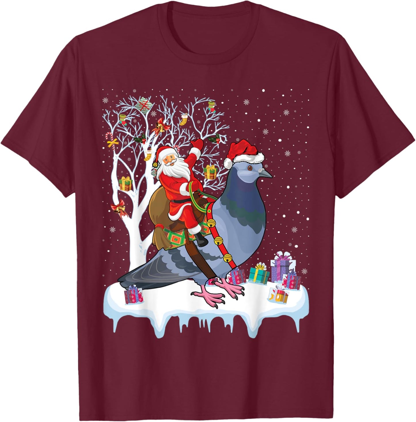Pigeon Bird Lover Xmas Gift Santa Riding Pigeon Christmas T-Shirt - T-Shirt | Maroon