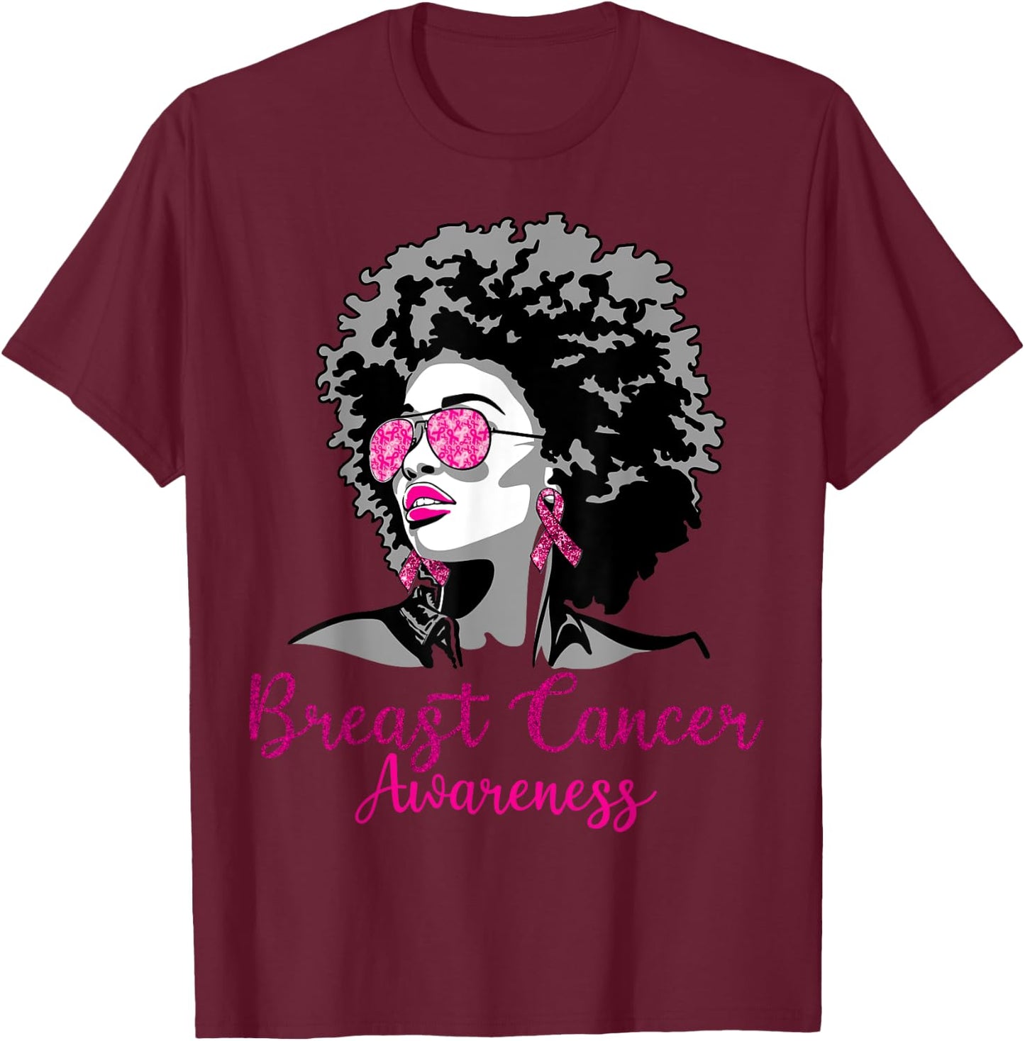 Afro African American Breast Cancer Awareness Black T-Shirt - T-Shirt | Maroon