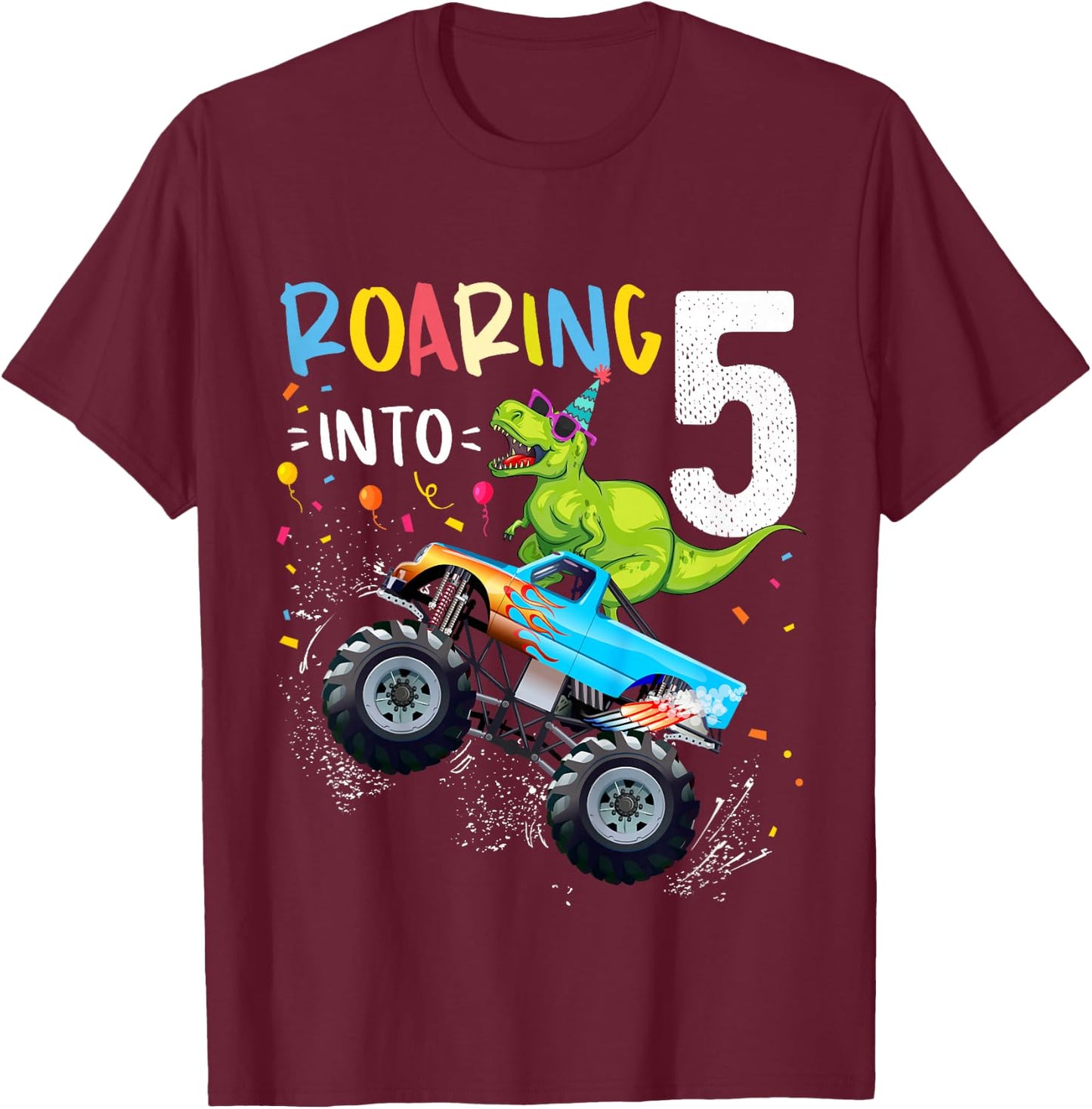 5th Birthday T Rex Dinosaur Monster Truck Boys and Girls T-Shirt - T-Shirt | Maroon