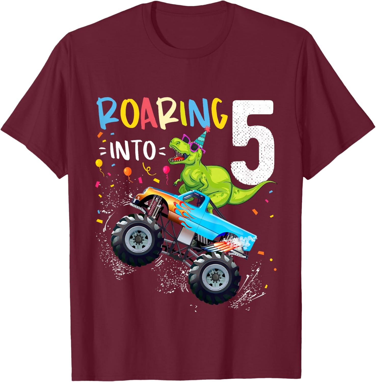 5th Birthday T Rex Dinosaur Monster Truck Boys and Girls T-Shirt - T-Shirt | Maroon