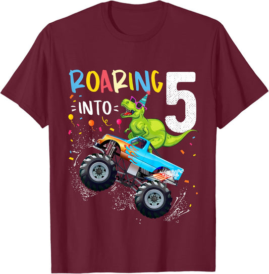 5th Birthday T Rex Dinosaur Monster Truck Boys and Girls T-Shirt - T-Shirt | Maroon