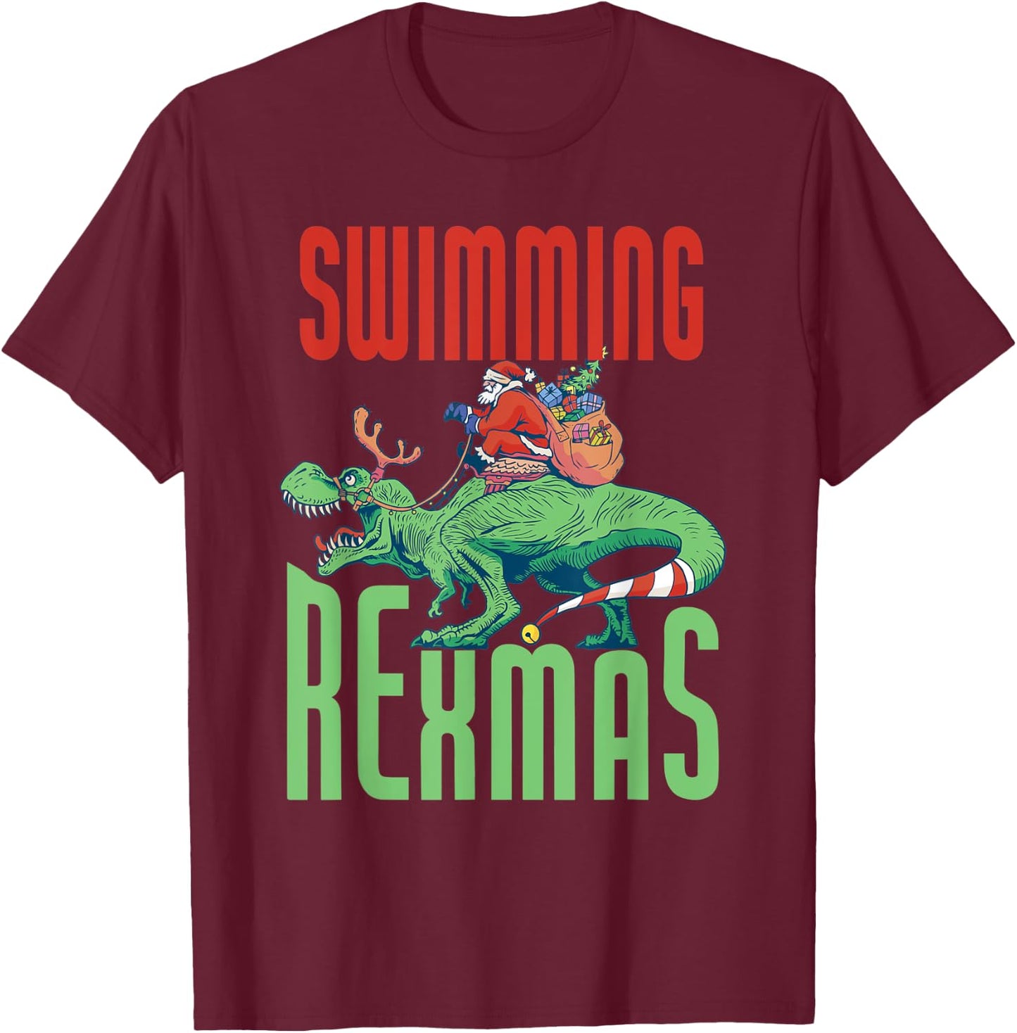 Swimming Rexmas T-Rex Dinosaur Christmas Holiday - Swimmer T-Shirt - T-Shirt | Maroon